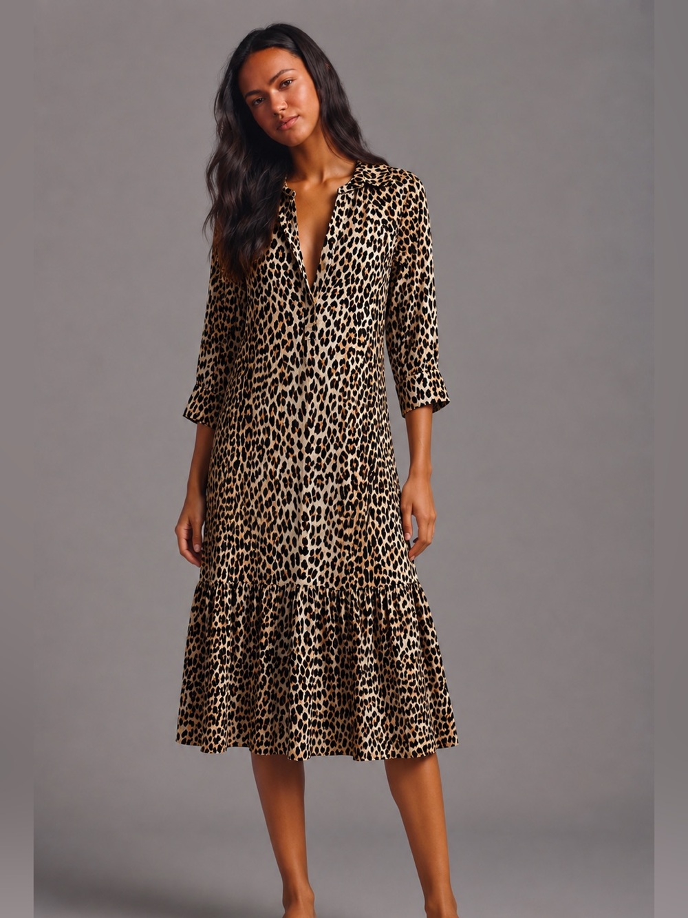 kathy ireland Leopard-Print Midi Dress in Tan and Black